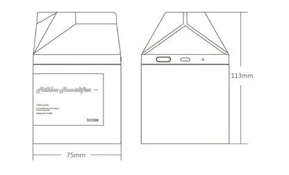 White milk carton shaped USB humidifier with 260ml capacity measuring 75mm x 75mm x 113mm