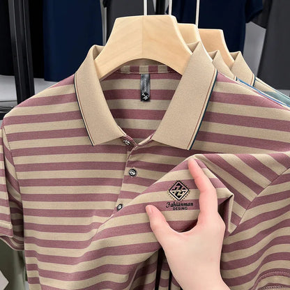 Men's striped mosaic pattern short sleeve casual top in blue, showing size label and fabric detail