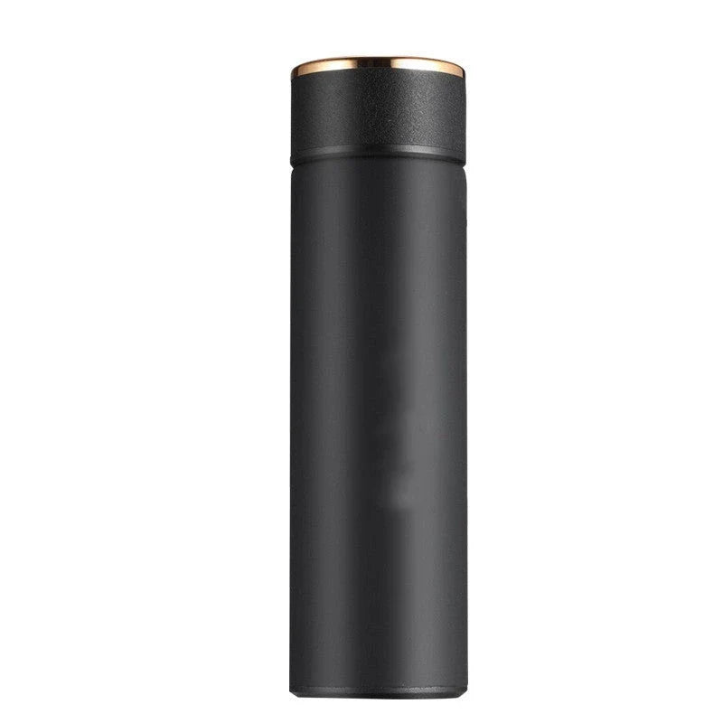 Ergonomic business travel mug with temperature display, made of durable stainless steel in black, red, and blue colors