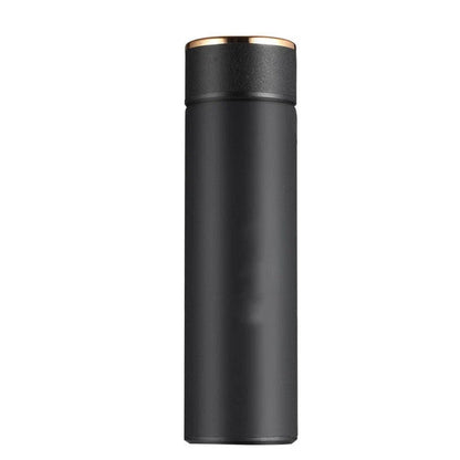 Ergonomic business travel mug with temperature display, made of durable stainless steel in black, red, and blue colors