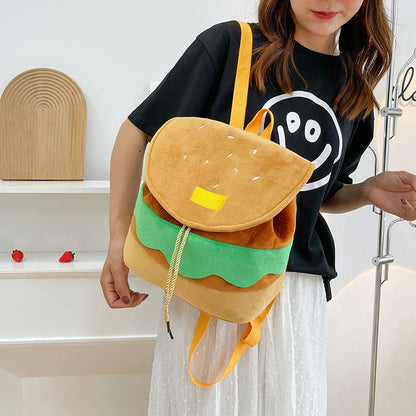 Hamburger-shaped plush backpack with adjustable drawstring and fastening buckle