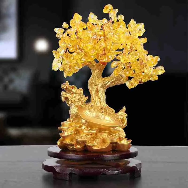 Citrine-coloured resin turtle money tree Feng Shui ornament measuring 18cm tall with detailed animal modelling