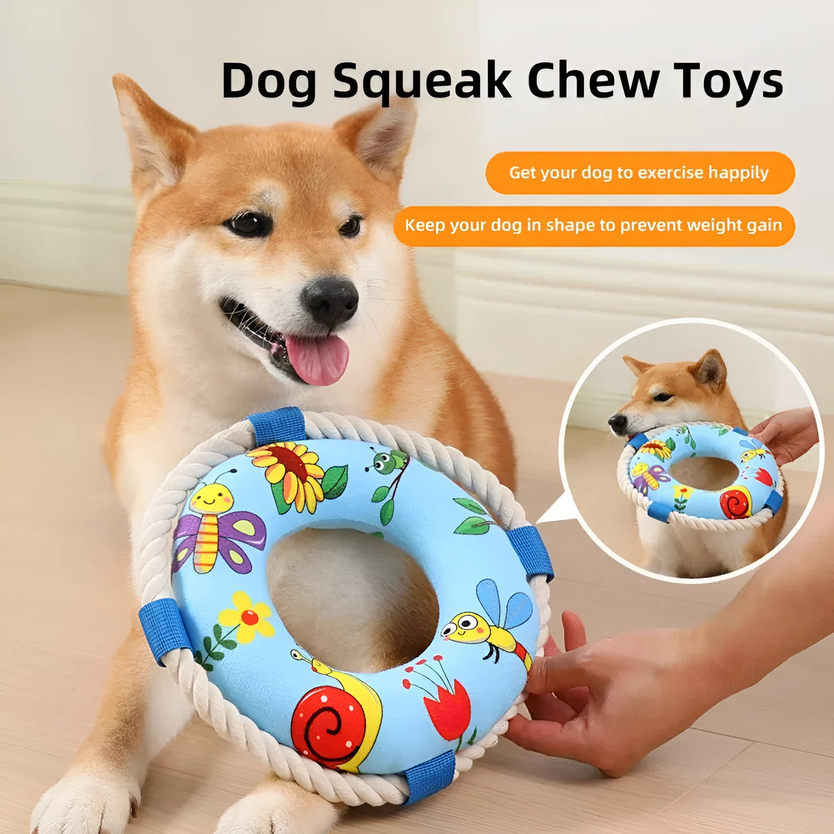 25cm diameter dog pull ring chew toy with squeaker in blue, red or yellow designs