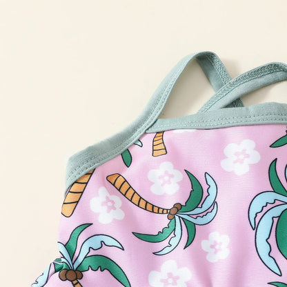 White children's two-piece polyester swimsuit set with a top and shorts on a hanger.