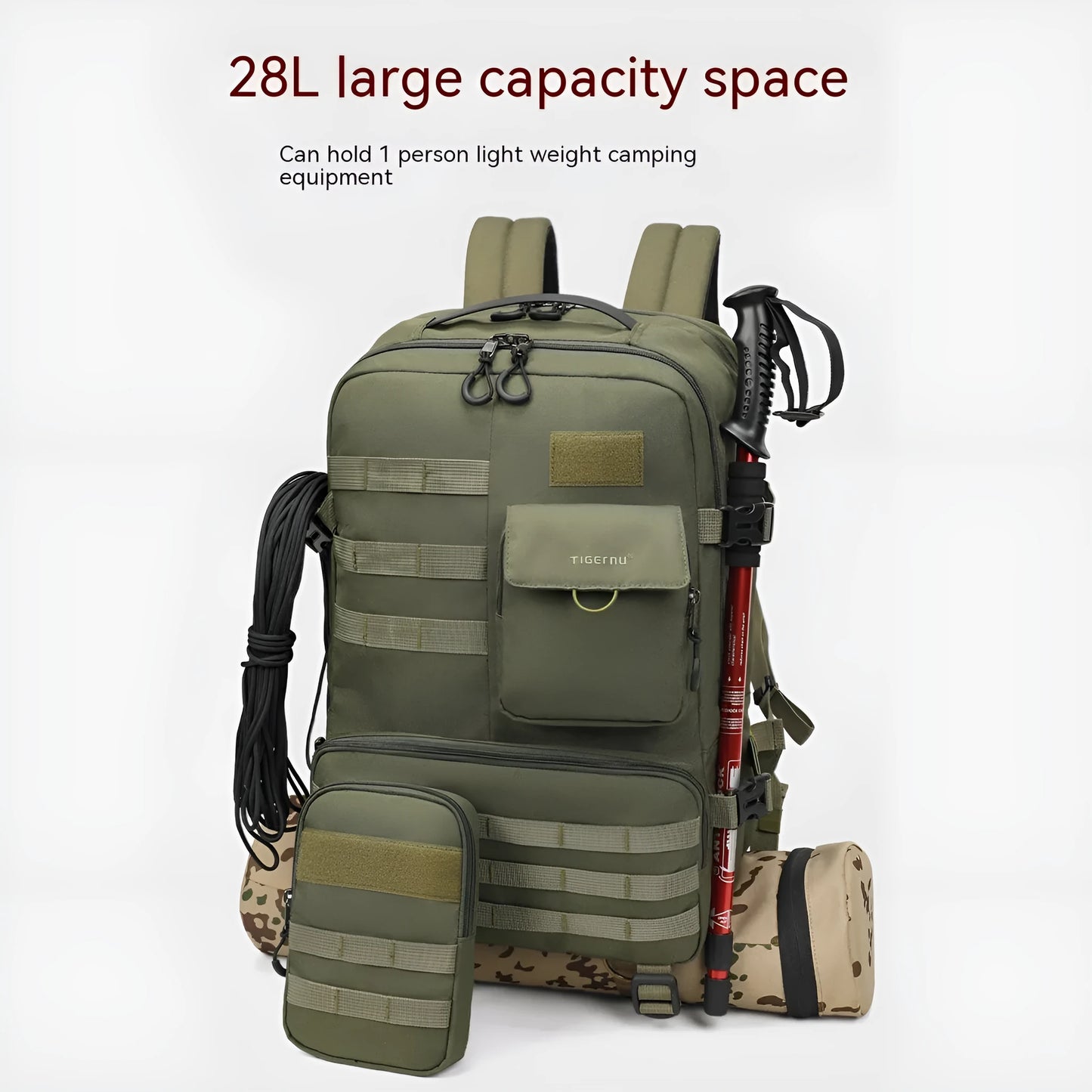 Army green tactical backpack showing 17-inch size with waterproof nylon construction