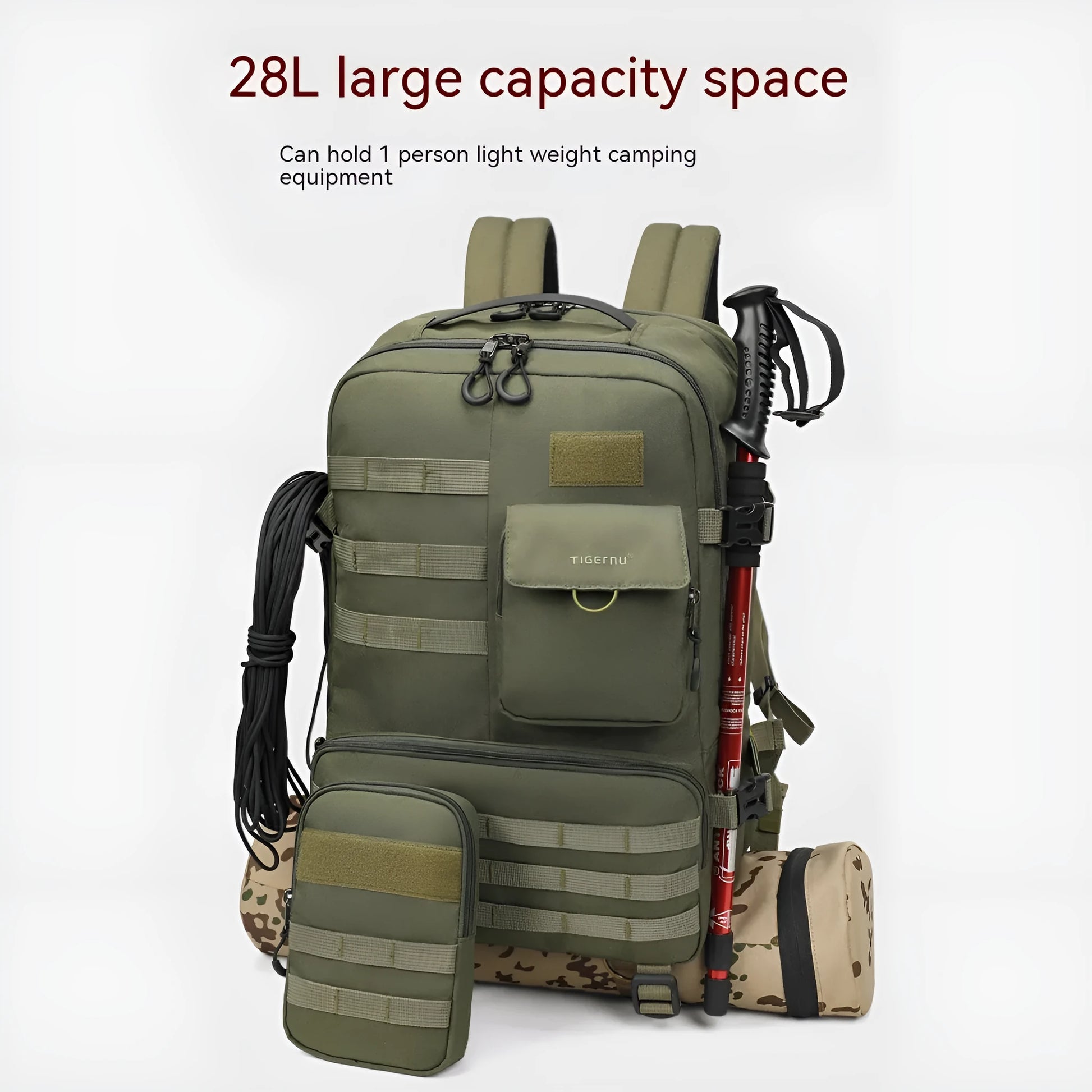 Army green tactical backpack showing 17-inch size with waterproof nylon construction
