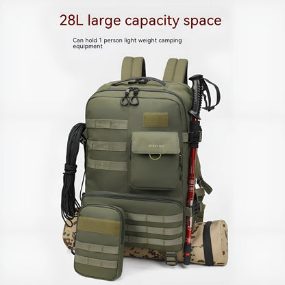Army green tactical backpack showing 17-inch size with waterproof nylon construction
