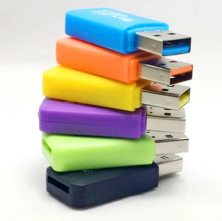 White Mini USB card reader with both a microSD and an SD card inserted into its dual slots.