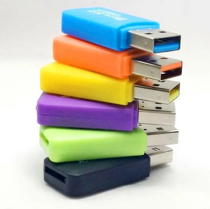 White Mini USB card reader with both a microSD and an SD card inserted into its dual slots.