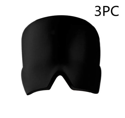 Black elastic gel headache relief mask laid flat showing eye contours and adjustable headband.
