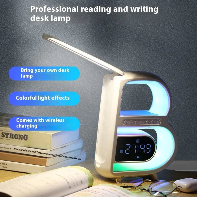 B-shaped Bluetooth speaker with wireless charging, adjustable lighting, and alarm clock functionality