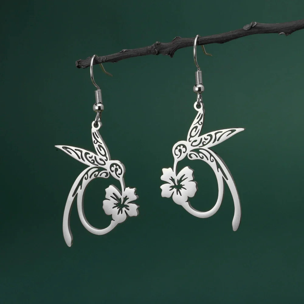Stainless steel hummingbird earrings with hollow honeycomb design in gold or steel colour