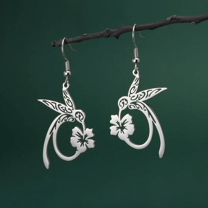 Stainless steel hummingbird earrings with hollow honeycomb design in gold or steel colour