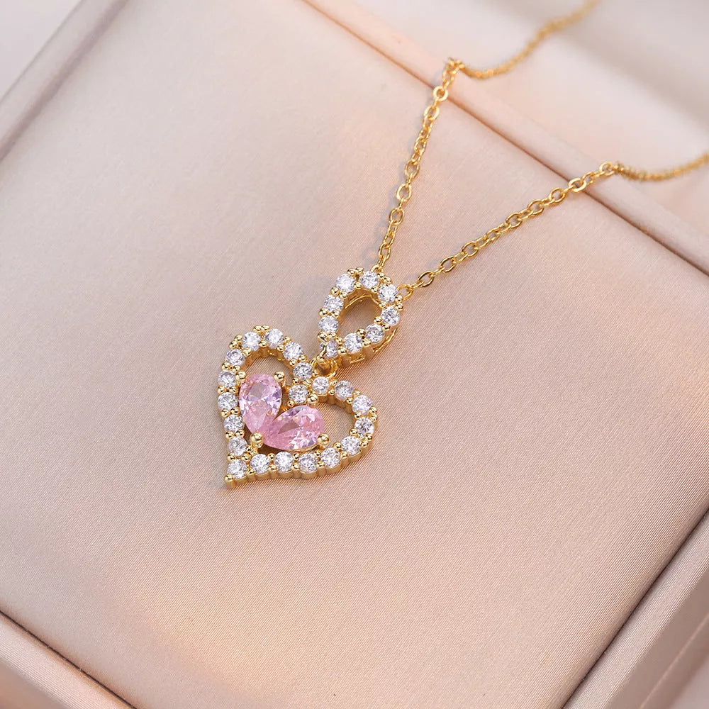 Luxury rhinestone crystal heart pendant necklace for women with mixed gem inlays