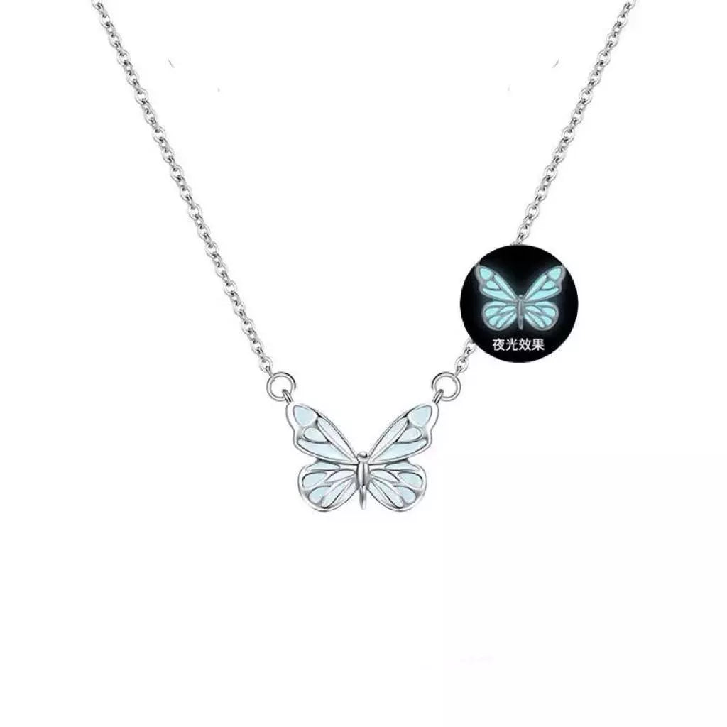 Glow-in-the-dark blue butterfly necklace and bracelet set for women, perfect for parties and gifts.