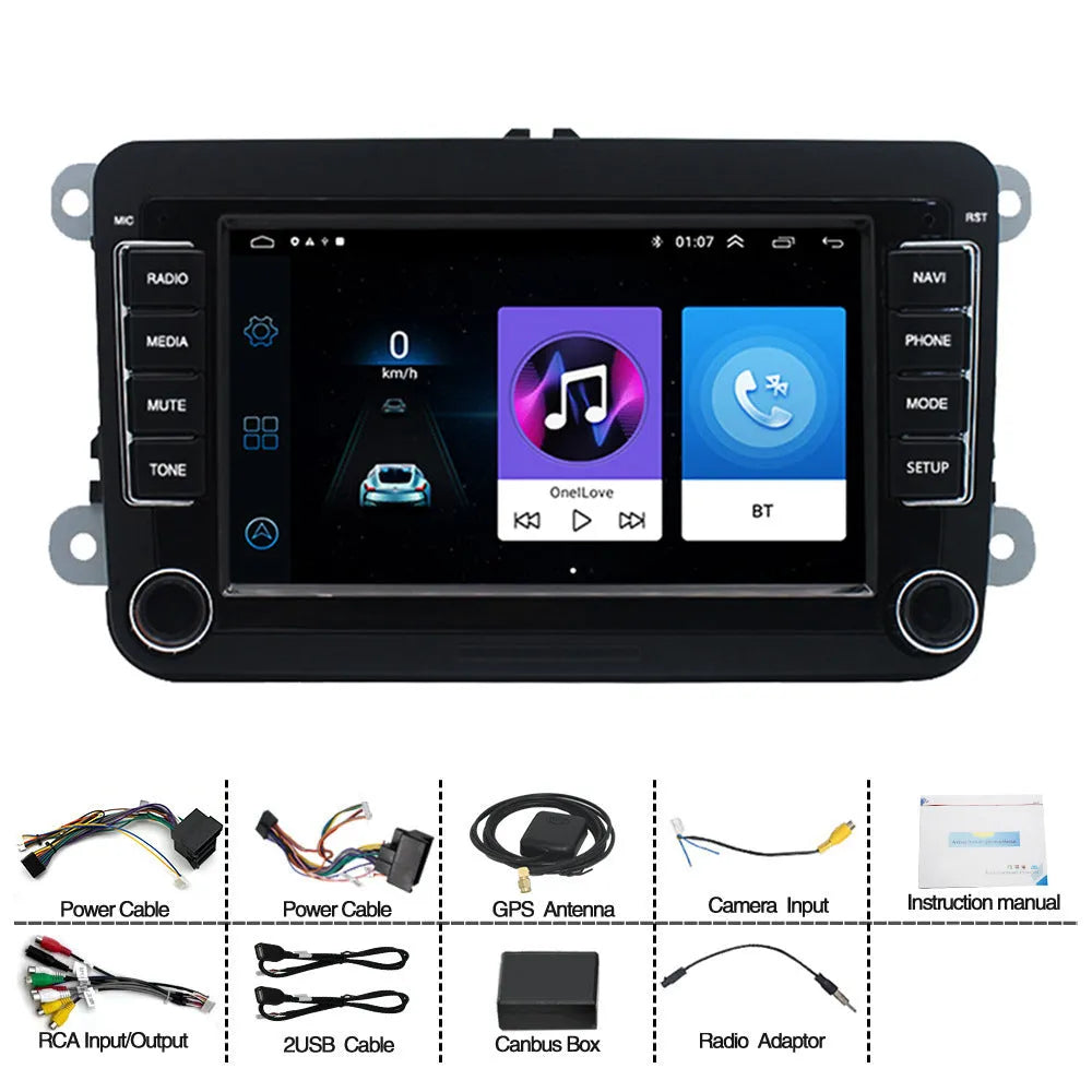 Volkswagen universal 7-inch Android car stereo head unit with touchscreen displayed.