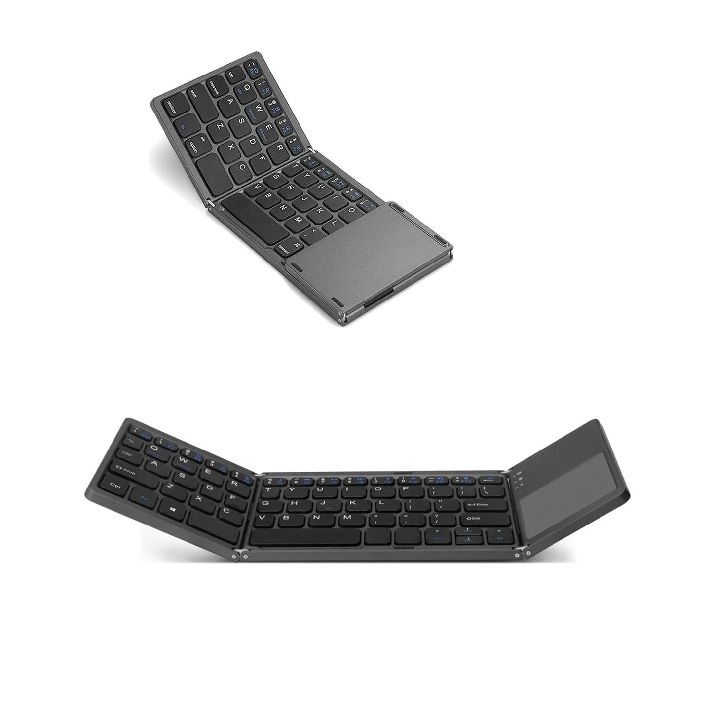 Tri-fold Bluetooth keyboard in black showing compact folded size next to smartphone