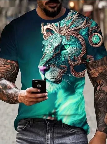 Men's black t-shirt with a fierce lion face 3D graphic print on the front.