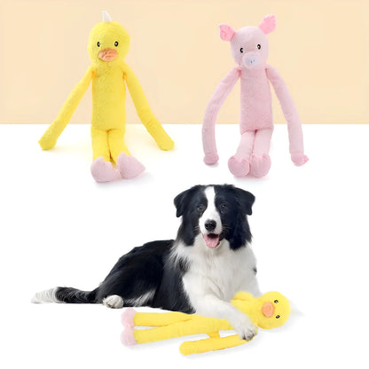 Large pink and yellow plush dog toy with rattle and crinkle paper sounds for golden retrievers