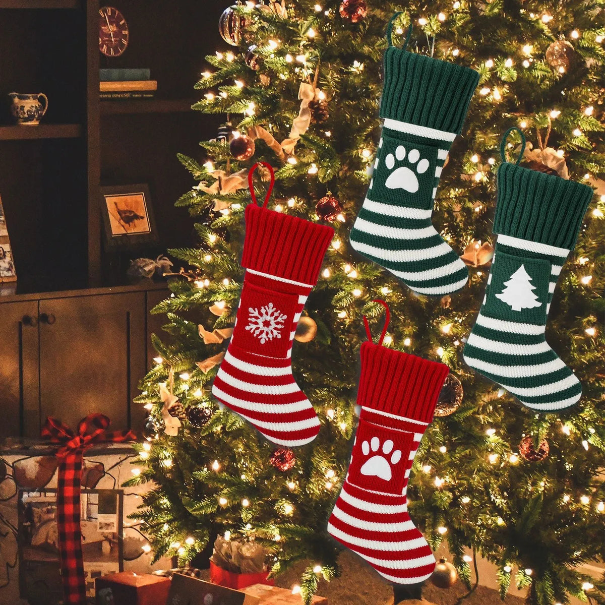 Knitted Christmas cat and dog socks in a gift bag, one pair, with red dog's paw, snowflake, green tree, or red elk patterns.