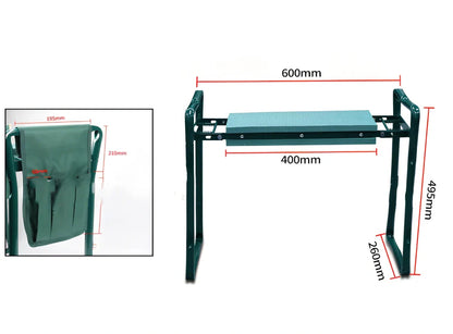 Green foldable outdoor garden bench with foam pad and side tool pouch