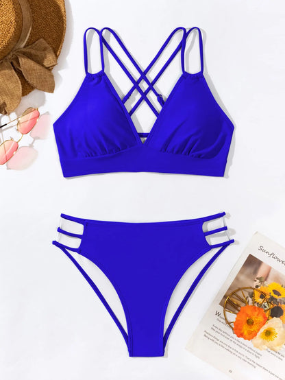Women's V-neck halter bikini swimsuit with split shorts in nylon fabric