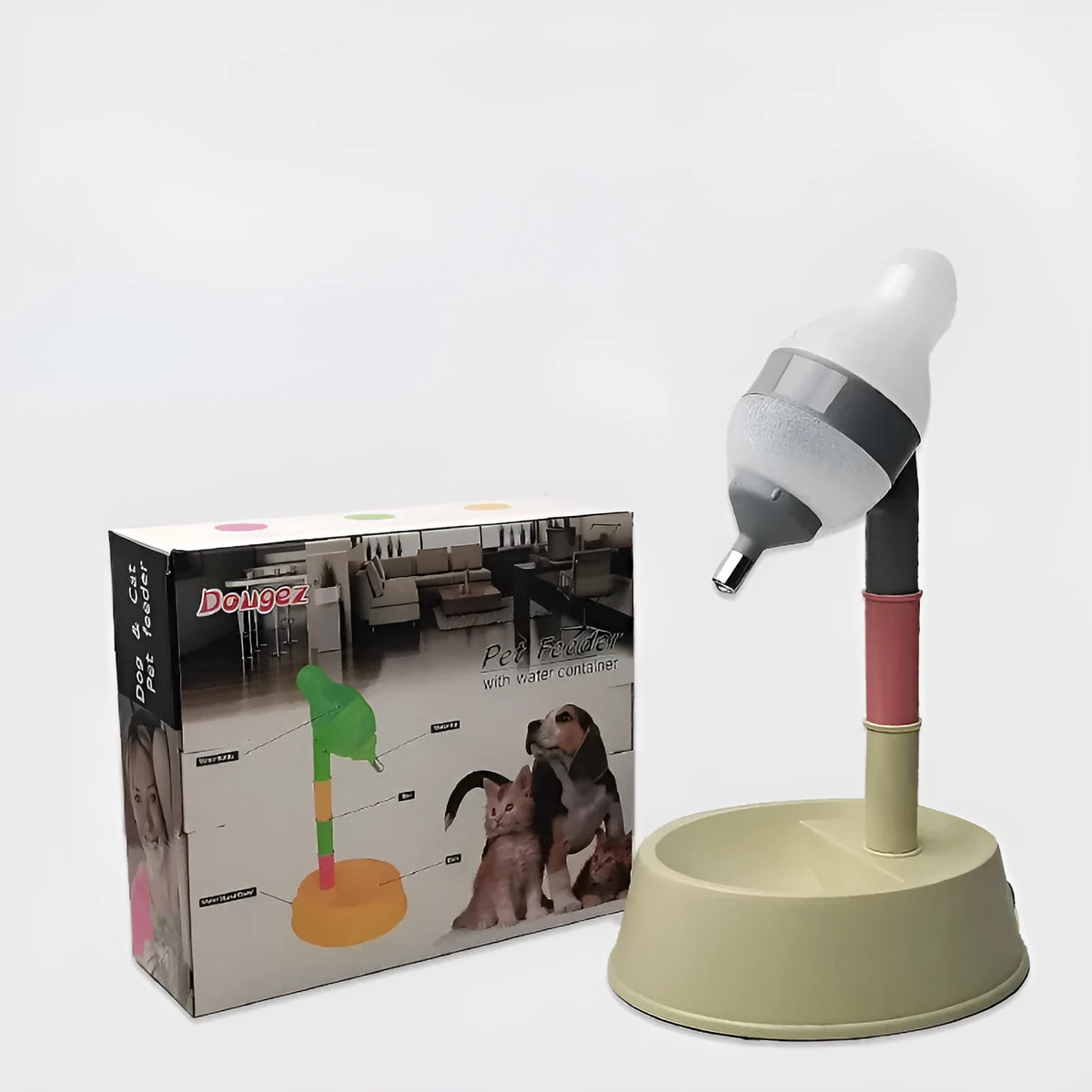 Adjustable height all-in-one pet waterer and feeder for cats and dogs, shown in grey or pink