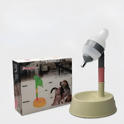 Adjustable height all-in-one pet waterer and feeder for cats and dogs, shown in grey or pink