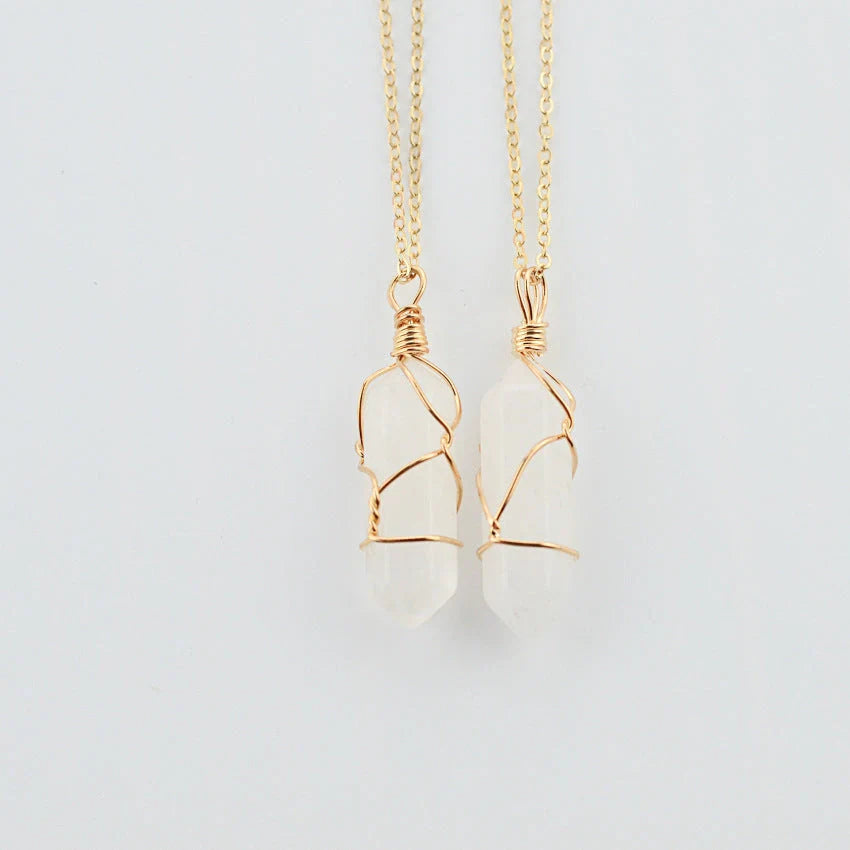 Geometric hexagonal quartz pendant necklace in various colors with copper wire and gold chain