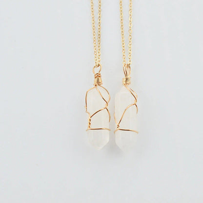 Geometric hexagonal quartz pendant necklace in various colors with copper wire and gold chain
