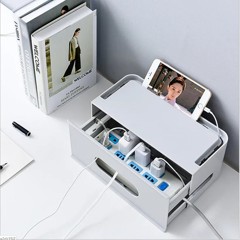 Grey and white plastic wireless router storage box with cable management compartment