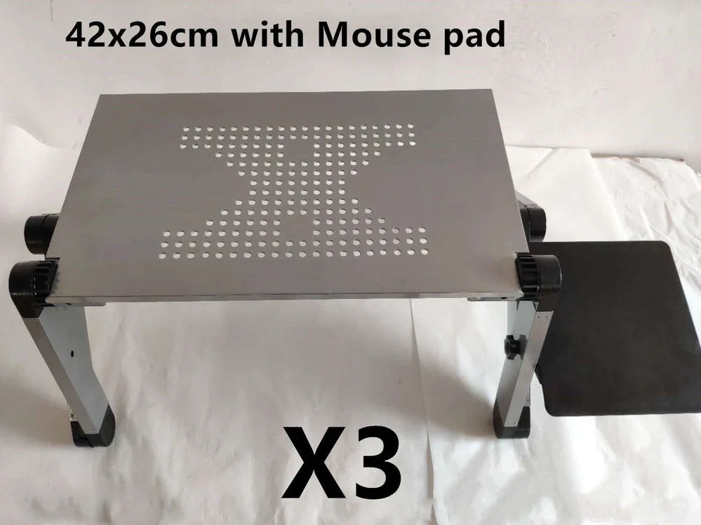 Black aluminium folding computer desk with adjustable legs and non-slip baffles for laptop stability