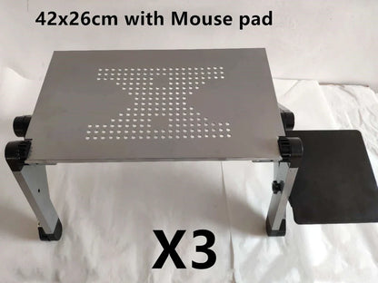Black aluminium folding computer desk with adjustable legs and non-slip baffles for laptop stability