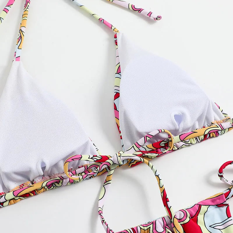 Women's triangle printed bikini swimsuit with hanging neck and separate top and bottom pieces