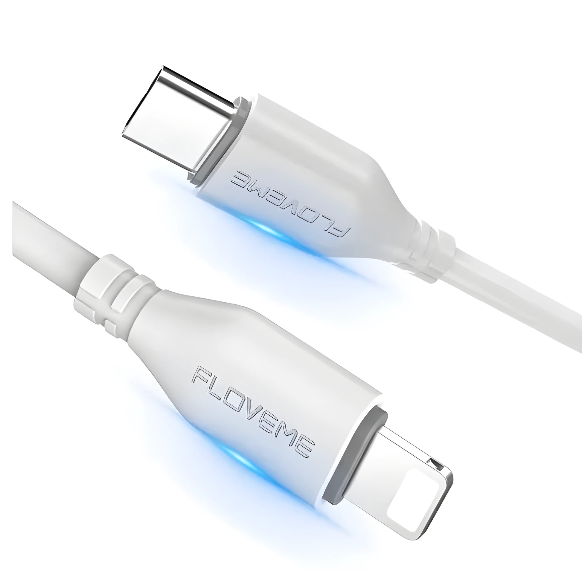 White one-metre USB-C to Lightning charging cable for iPhone on a plain background