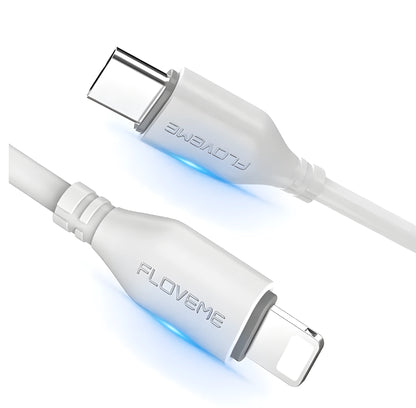 White one-metre USB-C to Lightning charging cable for iPhone on a plain background