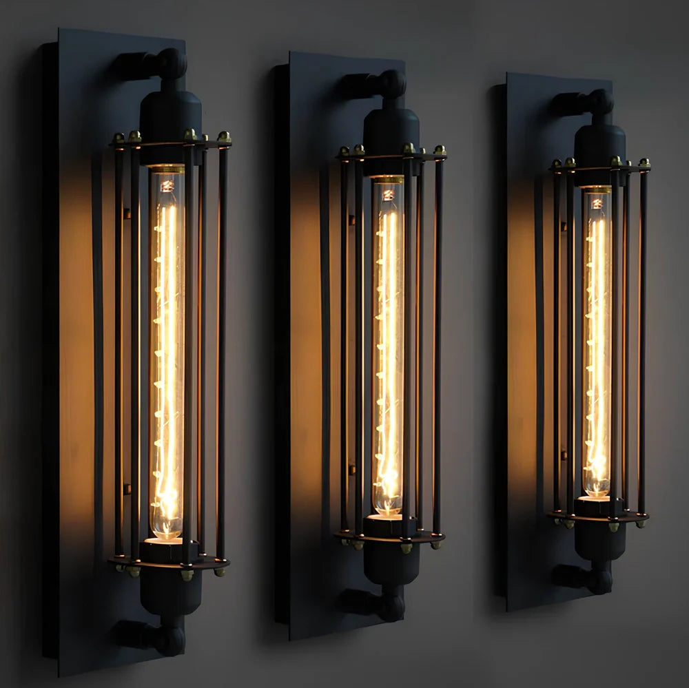 Black industrial retro wrought iron wall lamp with 470mm length and flute design for leisure lighting