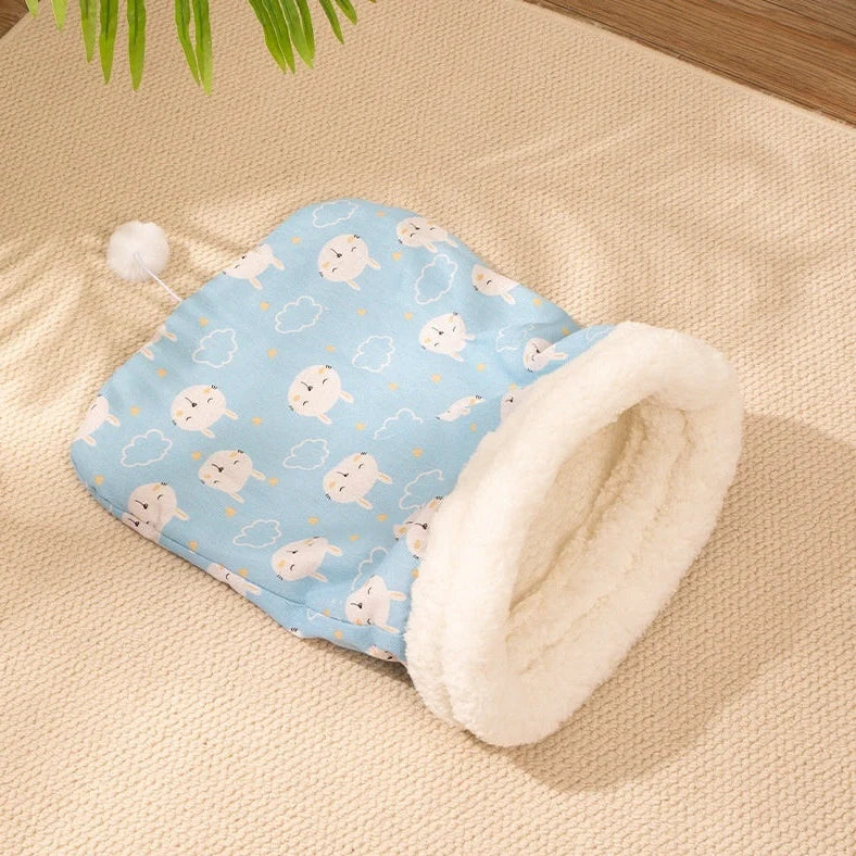 Blue rabbit pattern cat sleeping bag nest measuring 50cm by 40cm with enclosed design