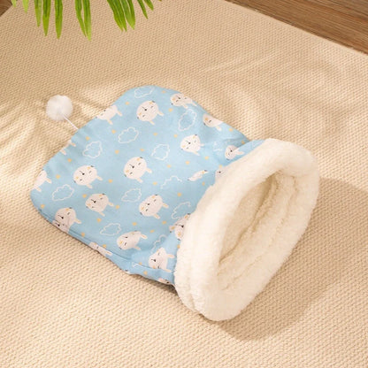 Blue rabbit pattern cat sleeping bag nest measuring 50cm by 40cm with enclosed design