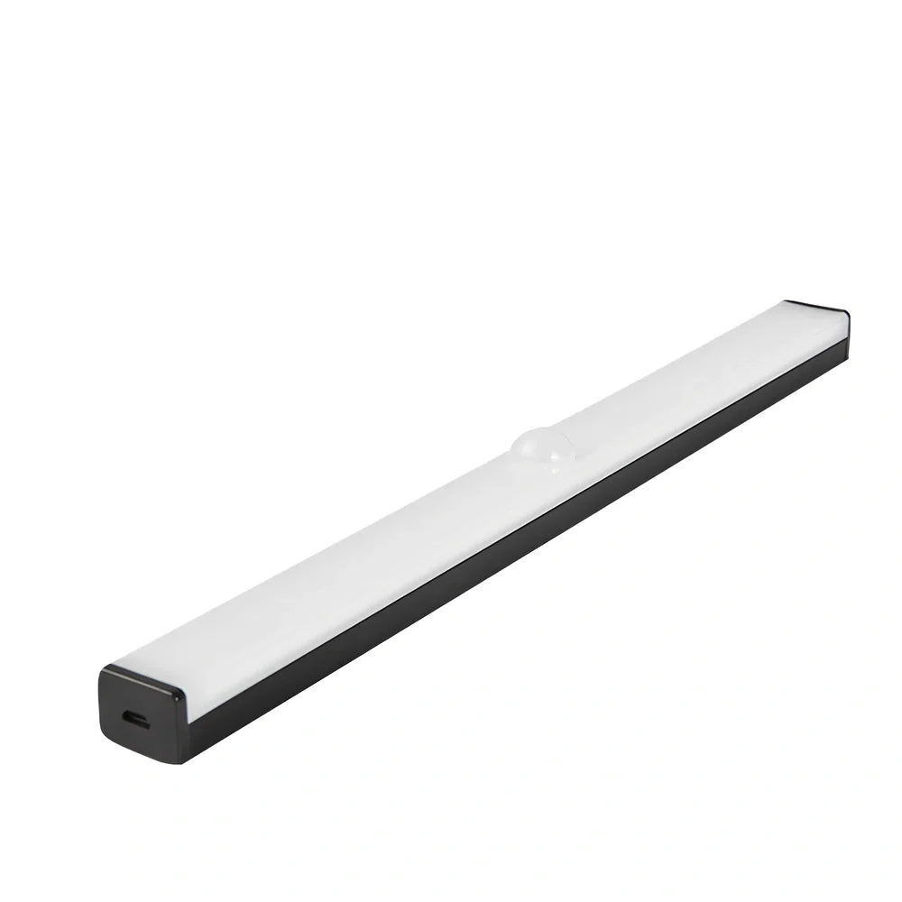 LED strip light with motion sensor in black finish, 30cm length with warm white illumination