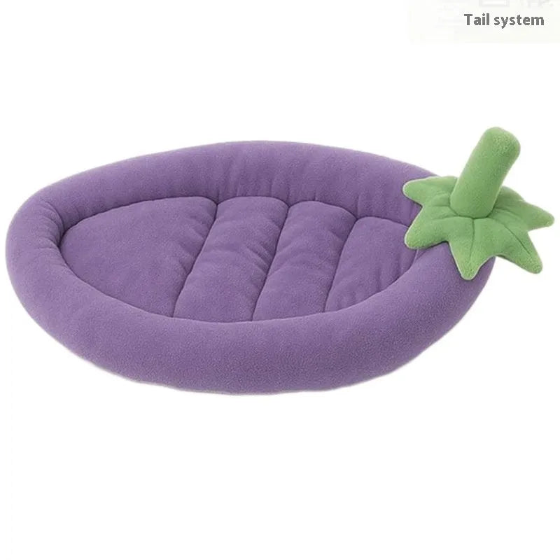 Dog mat with removable cloth cover in brown, gray, orange, or purple, showing size options for small to large dogs.