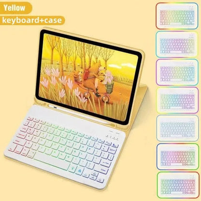 iPad in a black TPU leather case with a built-in luminous RGB backlit Bluetooth keyboard and a stand open.