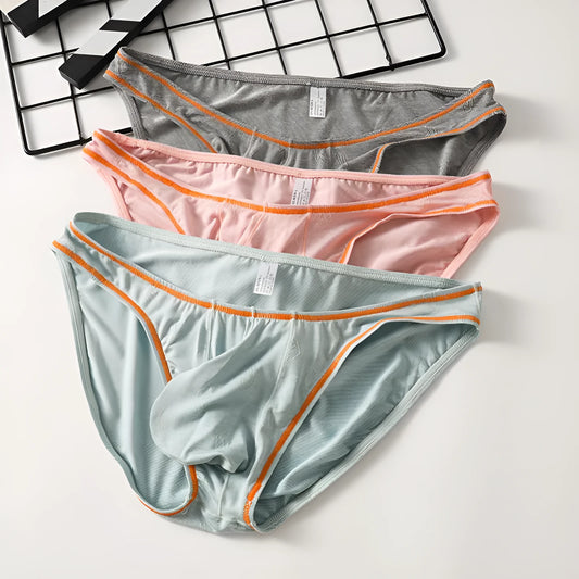 Men's modal ice silk butt-lift hip underwear in dark grey, pink, yellow green, blue, or sky blue.