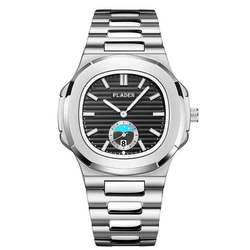 Men's stylish waterproof quartz watch with luminous display and stainless steel strap