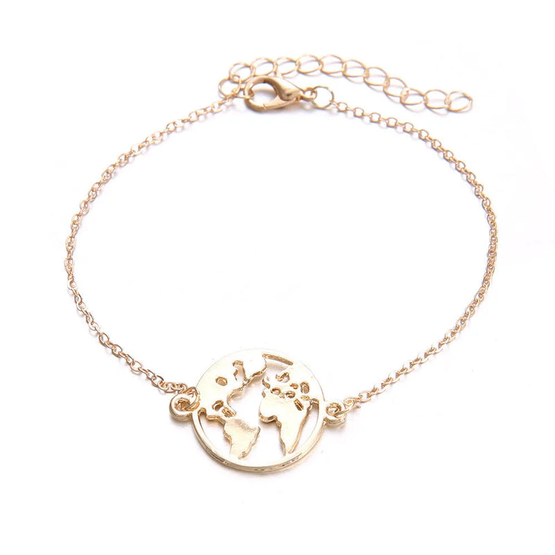 Women's charm bracelet set featuring a European and American bohemian design with an aircraft map motif, heart-shaped charms, alloy construction, and a 3-piece pack for travel gifts and commemorative occasions