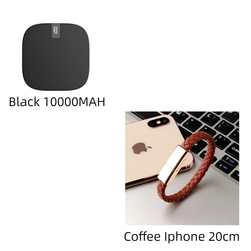 Red 10000 mAh mini power bank with digital display showing battery percentage, measuring 90x64x24mm