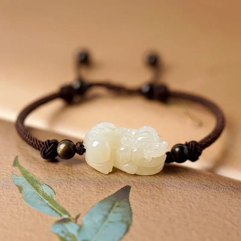Traditional Chinese Hetian jade bracelet with black and red adjustable ropes and jade beads