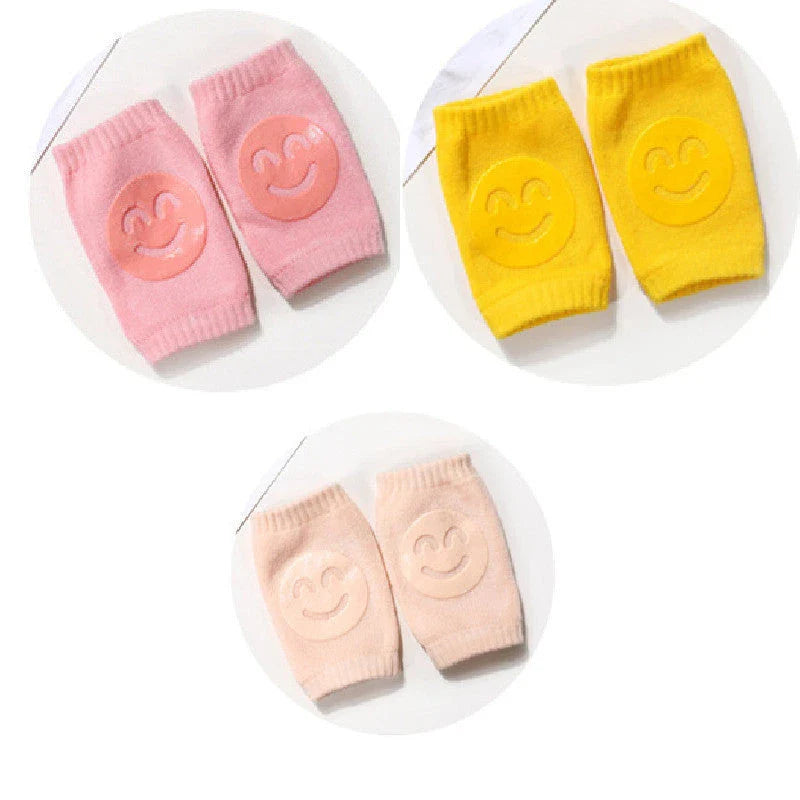 Cozy knee pads in various colors designed to protect babies during crawling with a non-slip, stretchy fit