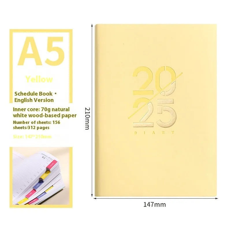 A5 daily planner with faux leather cover in blue, showing open pages and bound spine.