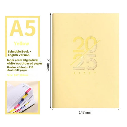 A5 daily planner with faux leather cover in blue, showing open pages and bound spine.